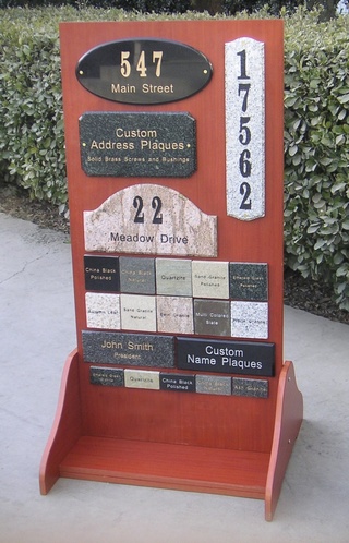 Our Display with some of the Different Colors and Styles of the Different Solid Granite Address Plaques and Solid Granite Name Plaques and Solid Granite Address Plaques and Engravings